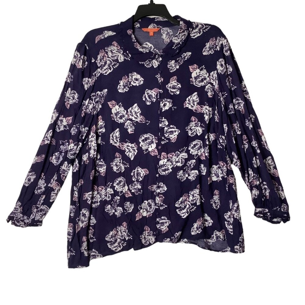 ModCloth Floral Button Front Blouse Women Size 4X Navy White Rayon Cottagecore